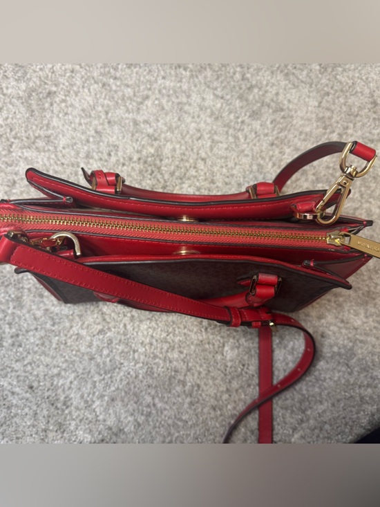 Michael Kors Hope Medium Messenger Bag Flame Red & Brown Satchel Purse w/ Strap - Picture 5 of 10